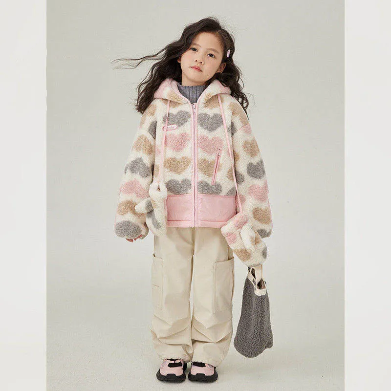 

Winter Children Girl Woolen Jacket Colorful Love Jacquard Young Teenagers Girl Padded Parka Hooded Warm 4-14Y Kid Girl Outerwear