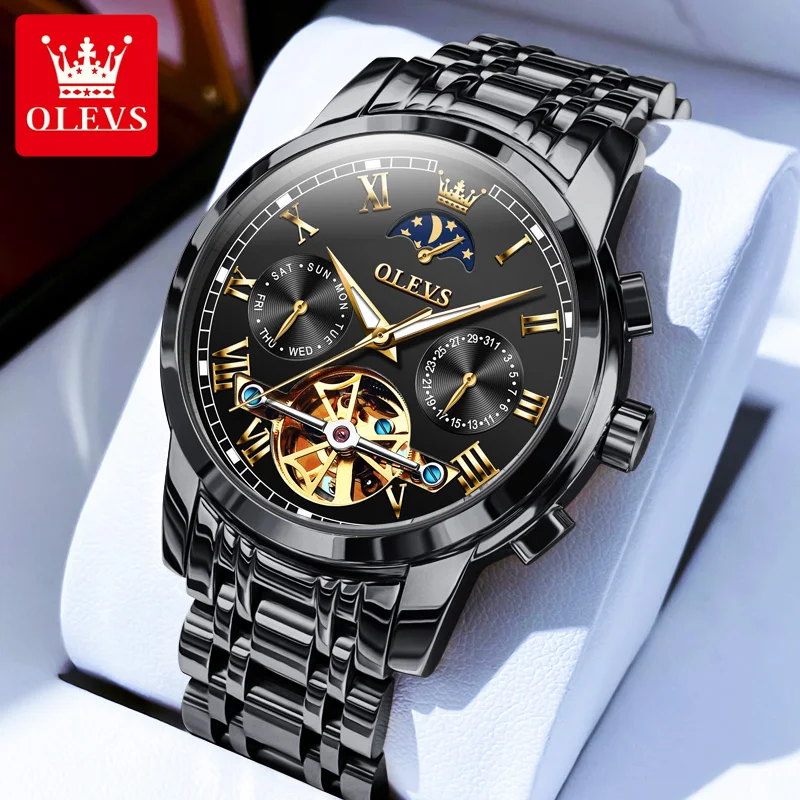 

OLEVS 6617 Luxury Hollow Flywheel Men's Automatic Watch Original Premium Brand Calendar Moon Phase Mechanical Trendy Men's Watch