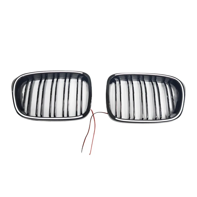 For 1997-2003 BMW 5 Series E39, Dual Line Gloss Black LED Illuminated Kidney Grille, ABS Aftermarket Replacement