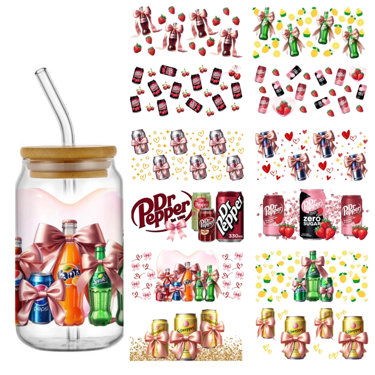 Pegatina de transferencia de bebida de cola UV DTF, mamá para gafas Libbey de 16oz, envolturas para botellas, tazas, pegatinas personalizadas impermeables DIY