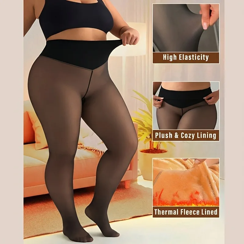 2026 New One Seam Fleece Lined Tights Sexy Black Shaping Thermal Leggings Translucent Pantyhose Sheer Fleece Leggings Plus Size