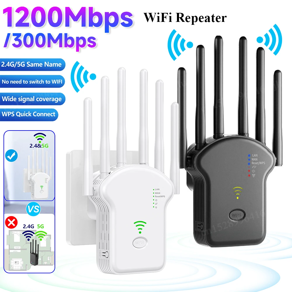 WiFi Repeater 1200/300Mbps Dual Band Wireless Amplifier 2.4G 5GHz Network Range Signal Booster For Home Office Wi-Fi Repeater