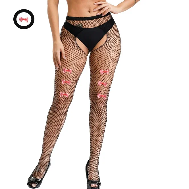 Erotic Black Pantyhose with Handmade Bowknot Tights Women Open Crotch Transparent Bodystockings Sexy Suspender Fishnet Underwear