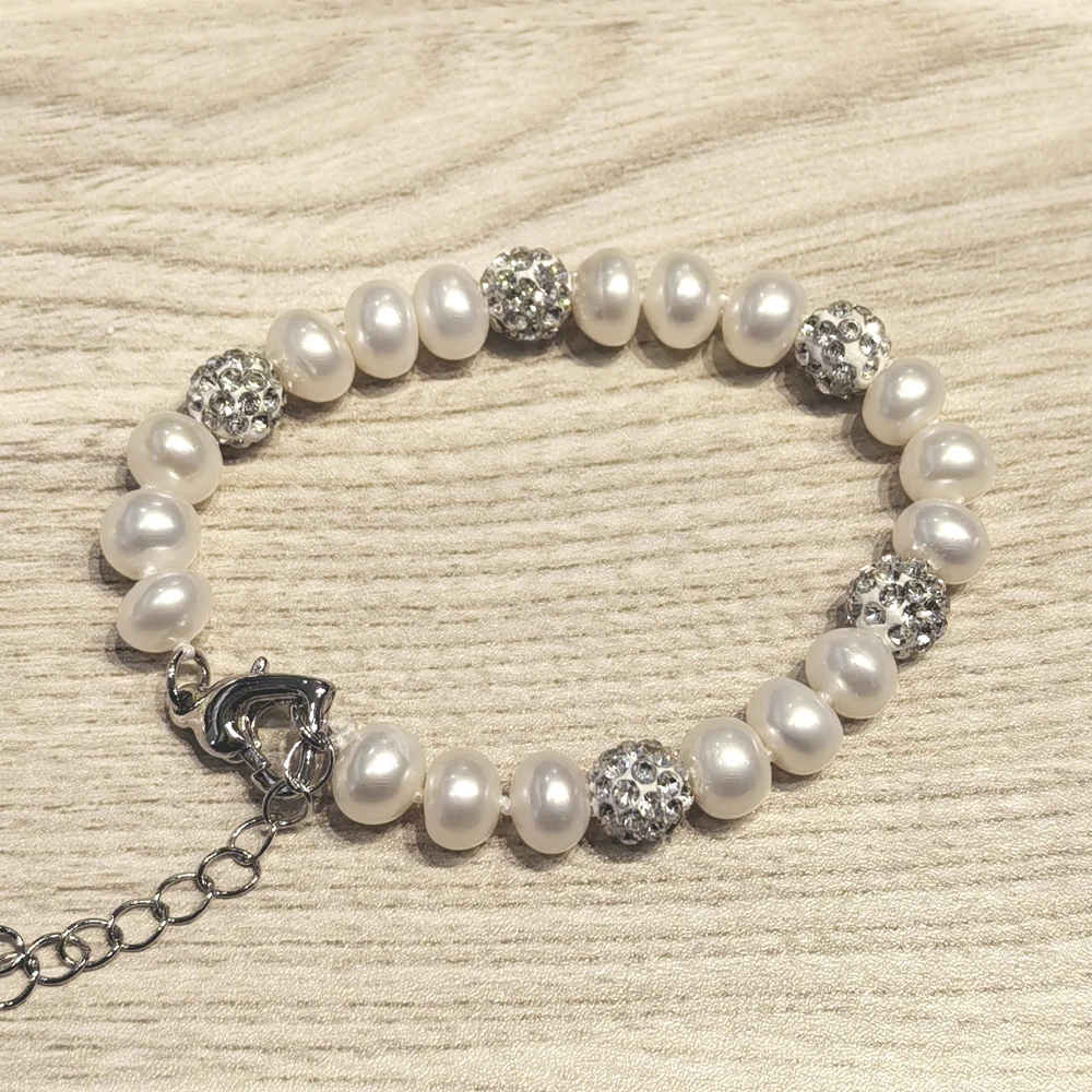 8-9mm natural freshwater pearls bracelet semiround and with rhinestone ball birthday gift