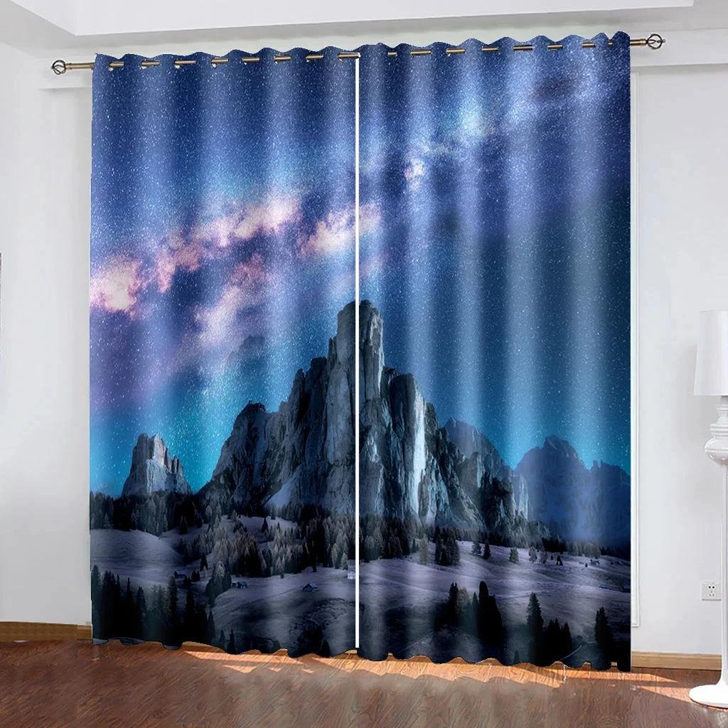 

2 Pcs Dreamy Starry Sky Curtains Mountain Night Scene Pattern Living Room Bedroom Window Decoration Nature Theme Curtains