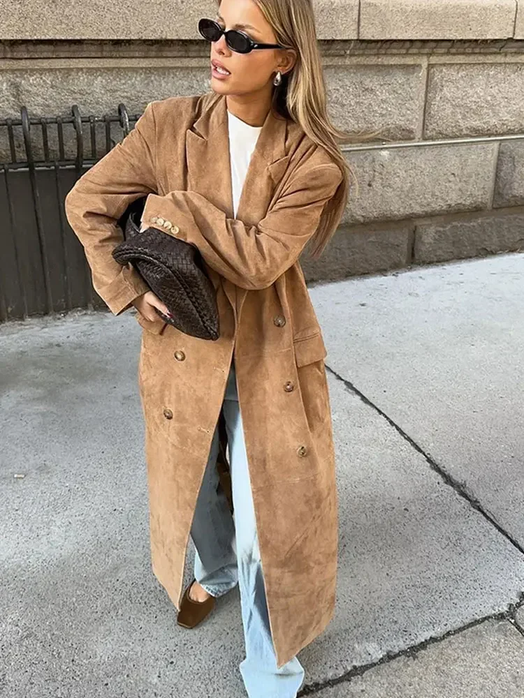 Woman Fashion Khaki Lapel Long Coats Fashion Double Breasted Full Sleeve Jacket With Pocket 2024 Autumn Lady Commute Windbreaket