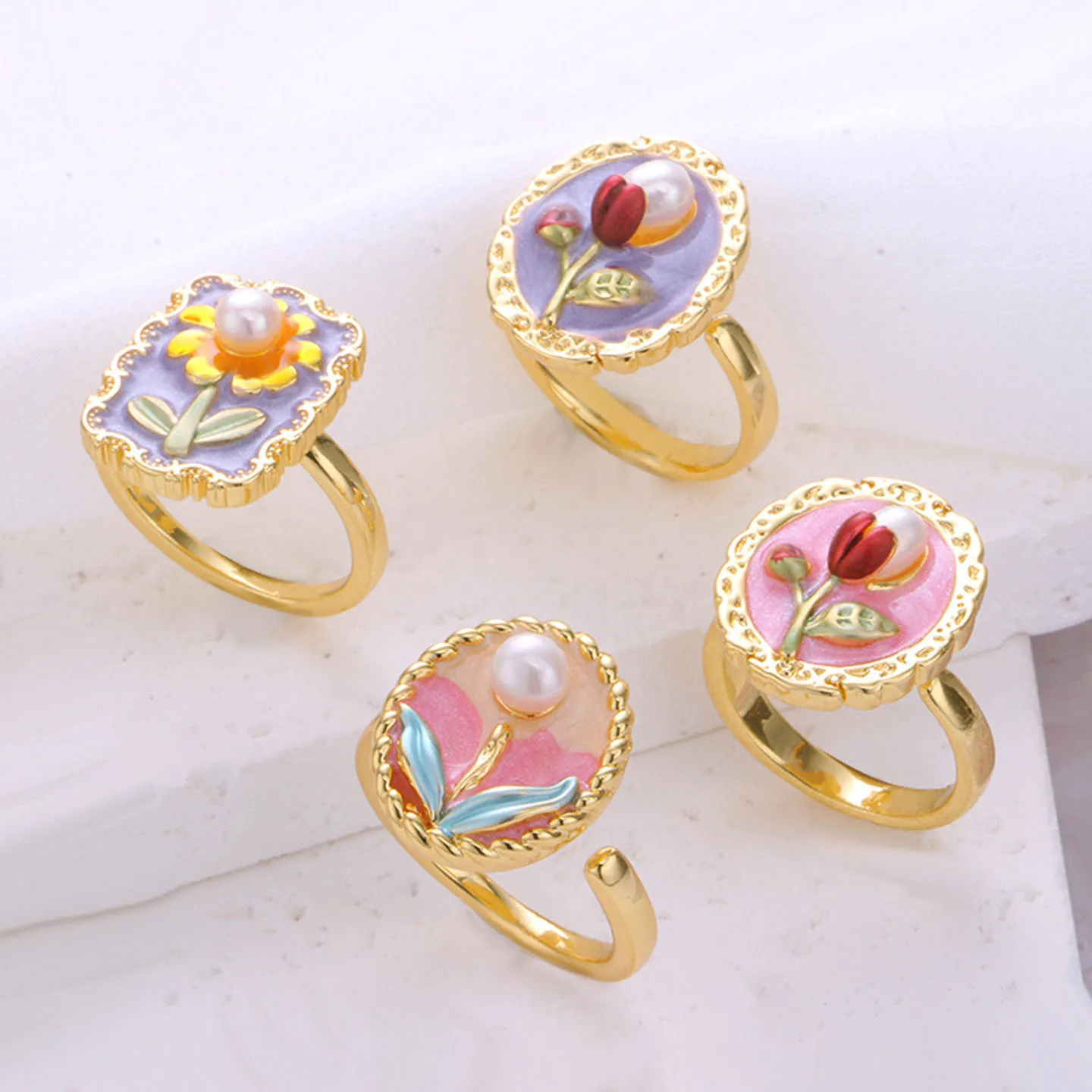 

Элегантное кольцо с натуральным жемчугом, регулируемое, в стиле масляной живописи, ручной работы, модное, трендовое, женское кольцо