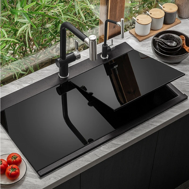 

Quartz Sink Kitchen Invisible Large Single Sink Washing Basin Hidden Sink Cover Pullout Faucet