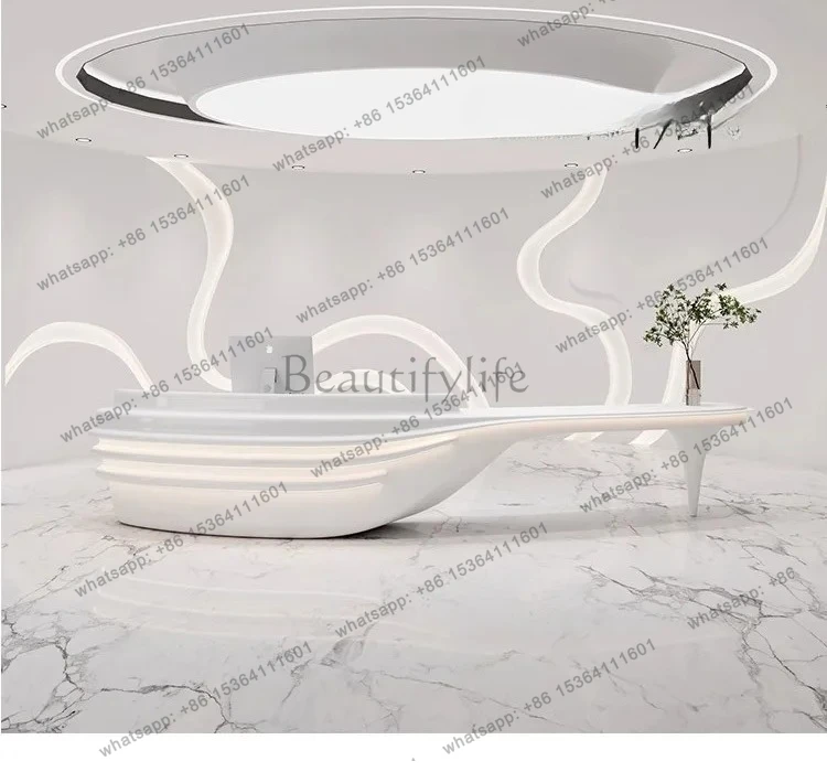 

front desk special-shaped paint company reception desk arc beauty salon checkout page light luxury senior sense