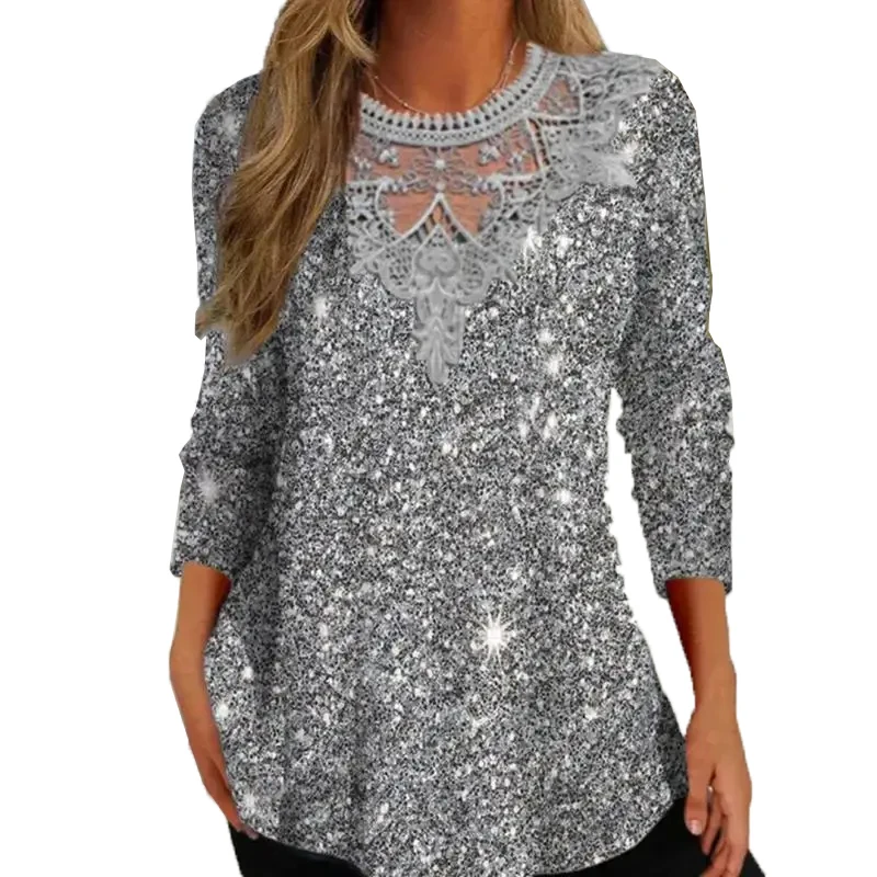 Plus Size Women Long Sleeve Scoop Neck Printed Graphic Lace Tops