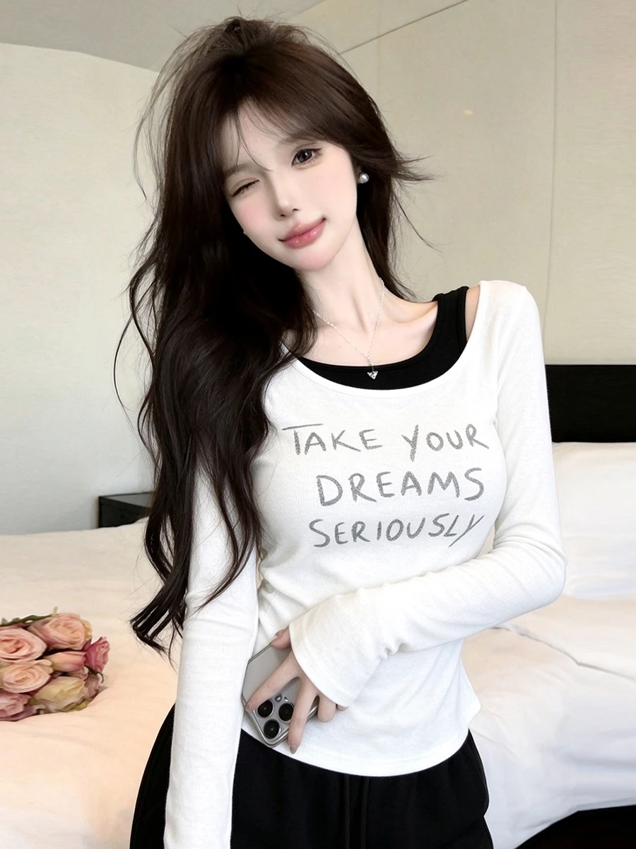 Fashion Casual Style Long Sleeve T-Shirt Women's Slim Fit Base Shirt Top Color Block Letter Print High Waist round Neck Tee