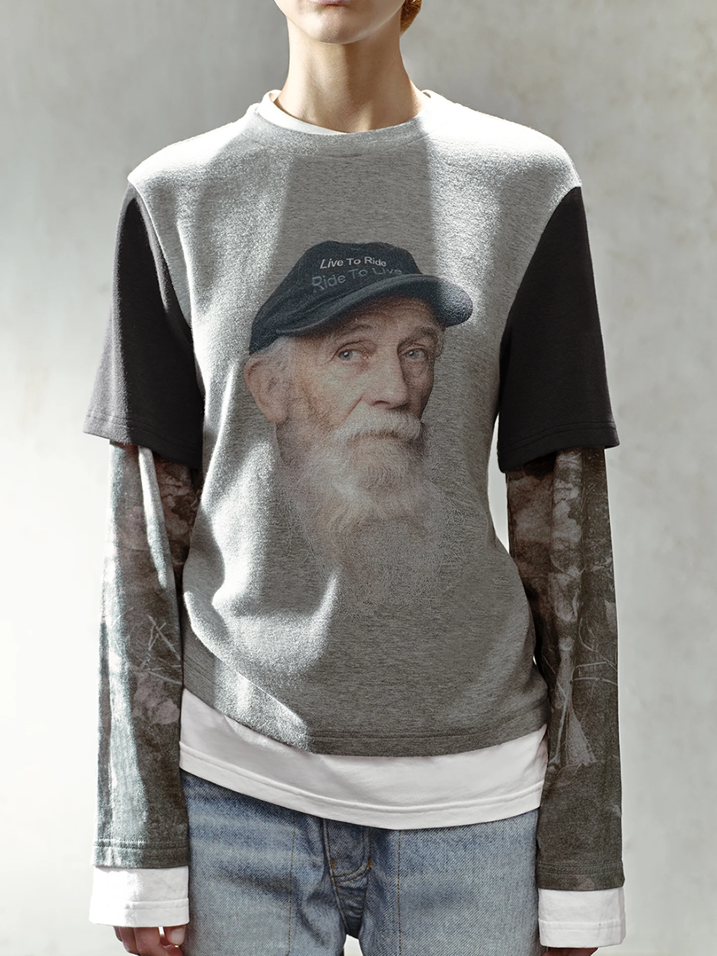 

TRINITEVintage Portrait Print Street Sle Misaligned Fake Two-Piece T-irt Top Women's Loose Fit Long Sve Printed T-irt