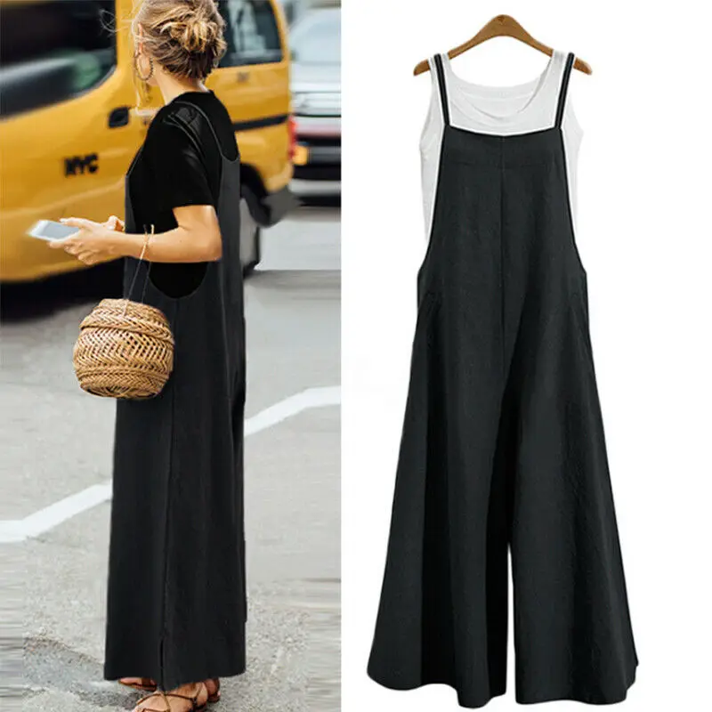 Women Loose Casual Playsuit Trousers Wide Leg Pants Overalls Baggy Romper Lady Chic Summer Sleeveless Cotton Loose Jumpsuits 5XL