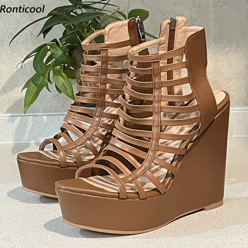 Ronticool Handmade Women Summer Sandals Hollow Out Wedges Heels Round Toe Beautiful Camel Party Shoes Ladies US Plus Size 5-20