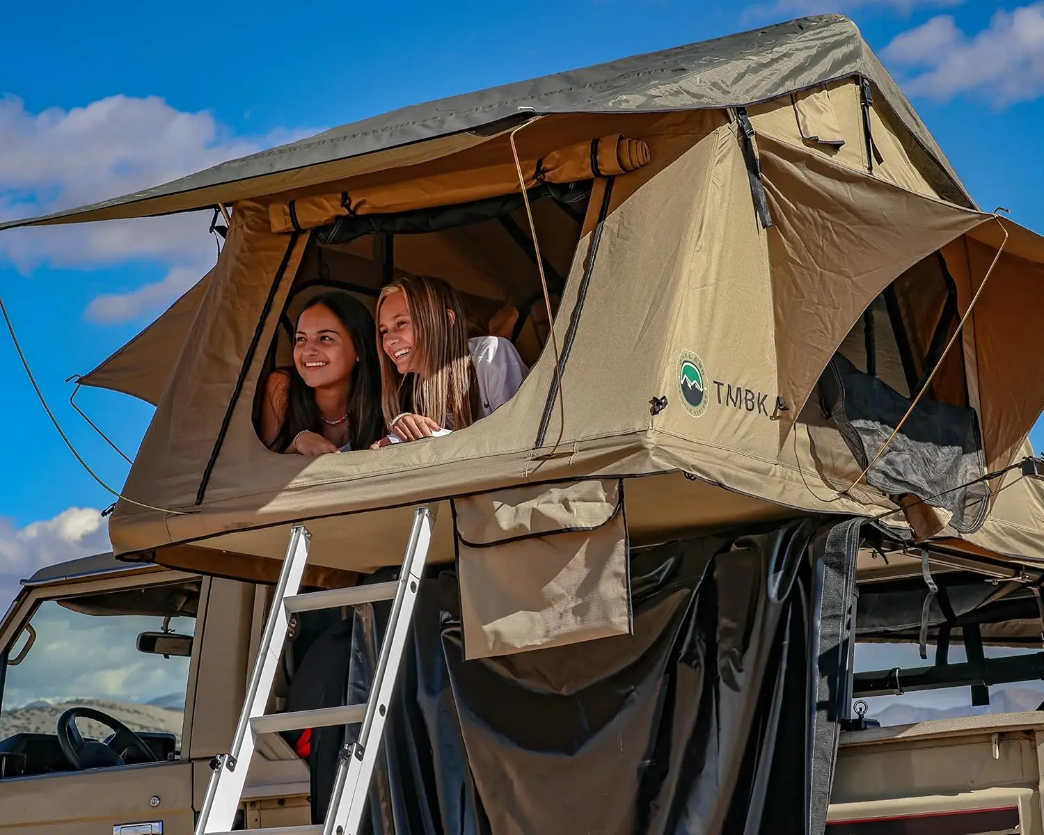 3 Person Roof Top Tent with Rain Fly Tan Body & Green Rainfly - Black Aluminum Base with Black Lad