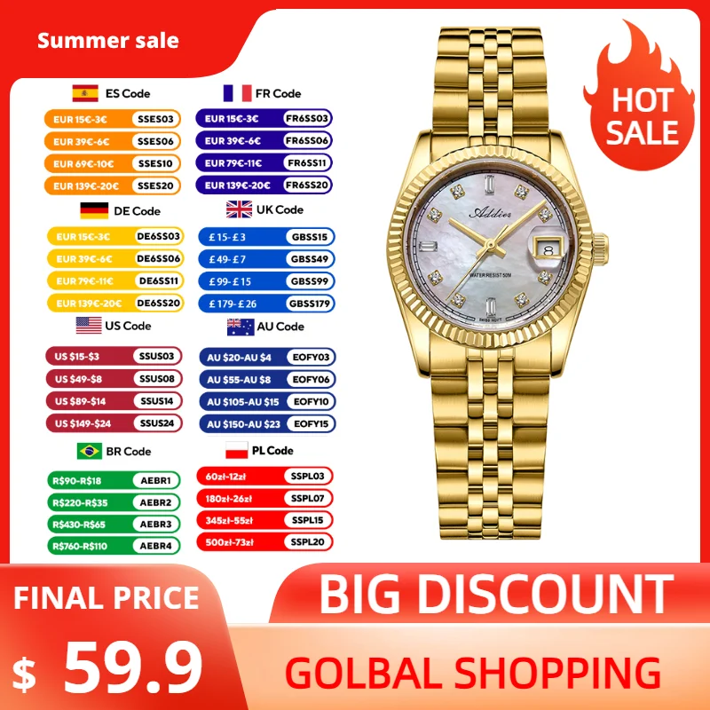

Addies Watch for Women New Luxury 585 Quartz 316L Stainless Steel Outdoor Sport 5Bar Waterproof Fashion Women's Wristwatch 28mm