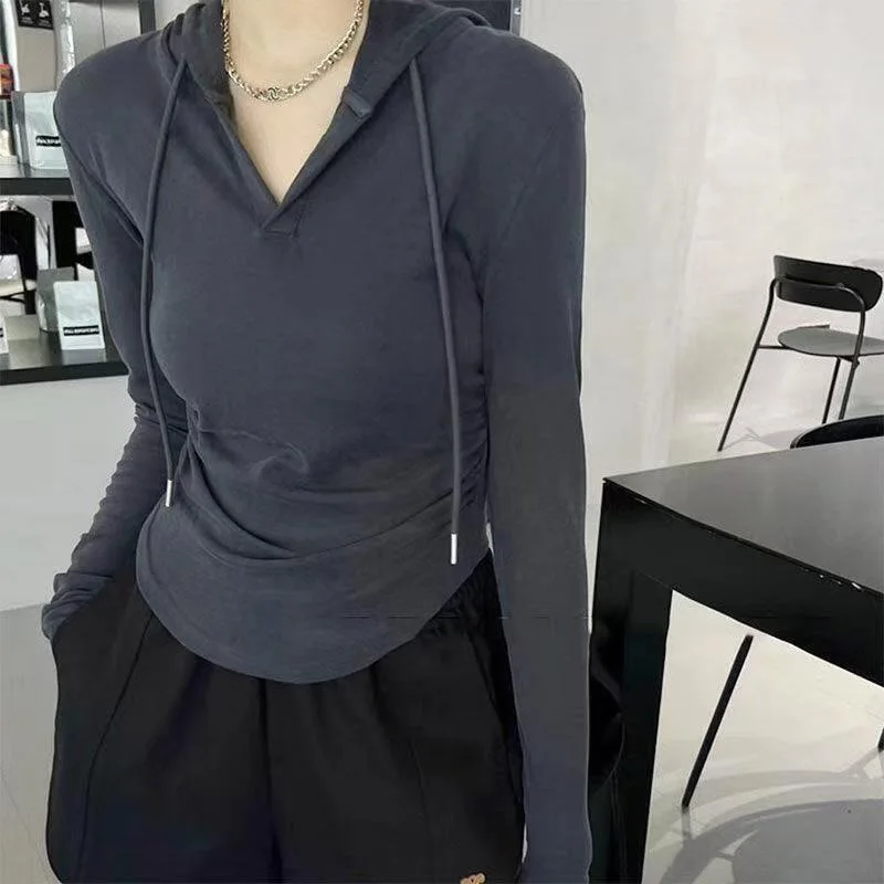 plus Size American Style Hot Girl Top Women's Short Long Sleeve Hoodie Slimming Concealing T-Shirt Spring Autumn Casual Wear