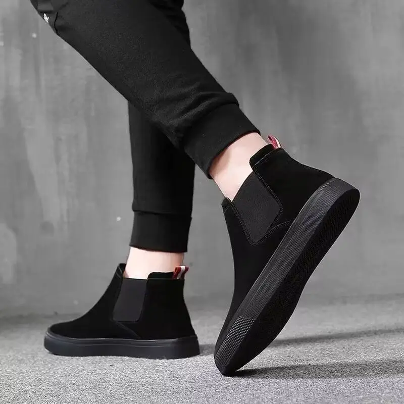 ​2025 New Men's Fleece Lined Suede Chelsea High Top Cotton Padded Boots Korean Style Trendy Versatile Autumn Winter Shoes​