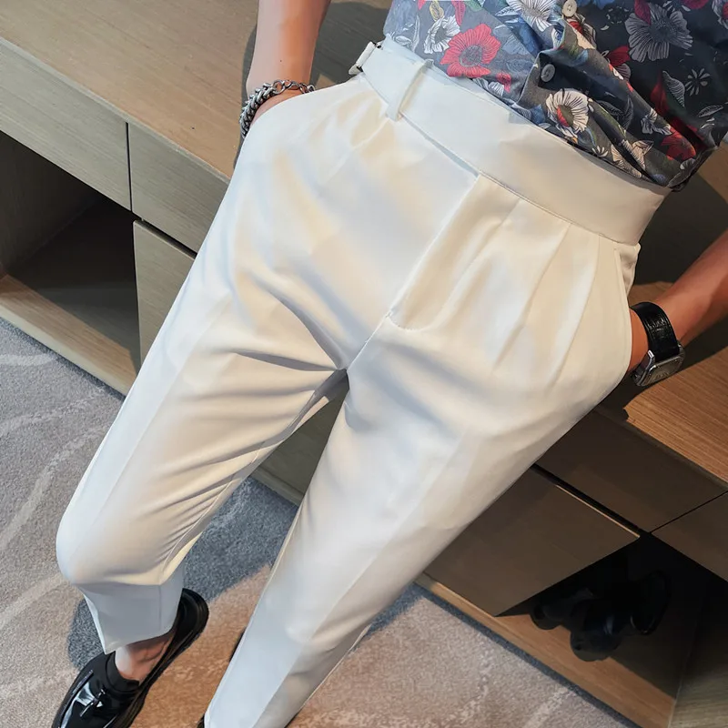 2023 Latest Solid Dress Pants Men's Belt Design Suit Pants Streetwear Casual Cropped Pants Business Formal Social Suit Pants