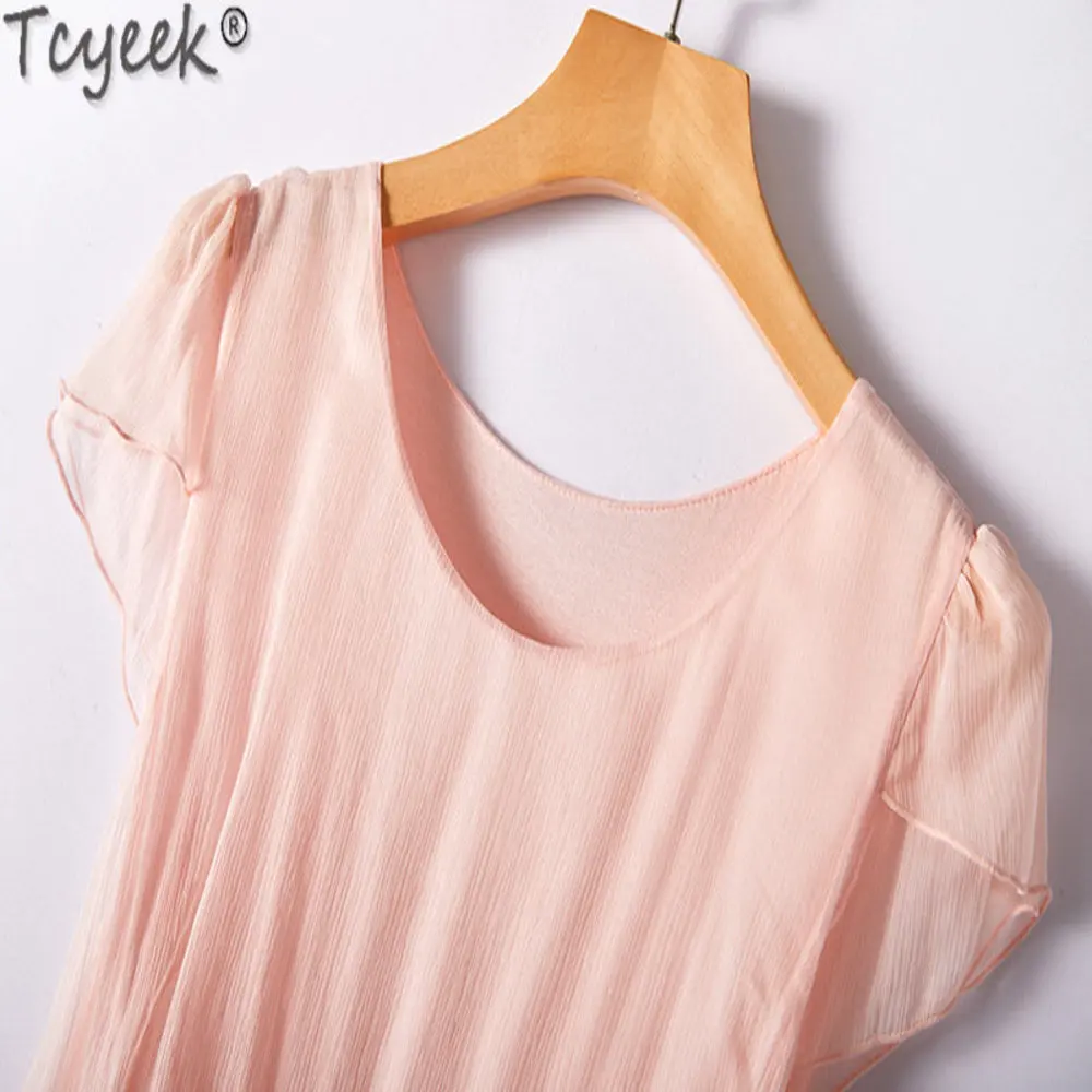 Tcyeek-Vestido Midi Casual Feminino, 100% Seda Amoreira, Moda Elegante, Roupas de Verão, 23