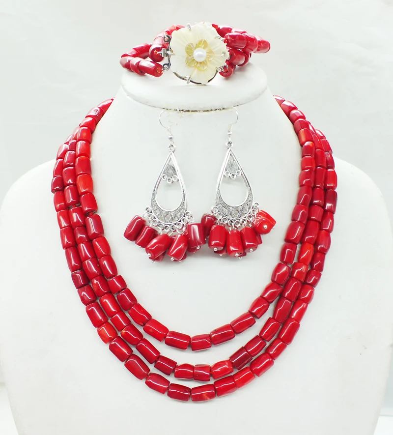 Unique 3 layers of natural red coral necklace, bracelet, earrings, African bride. Jewelry Set