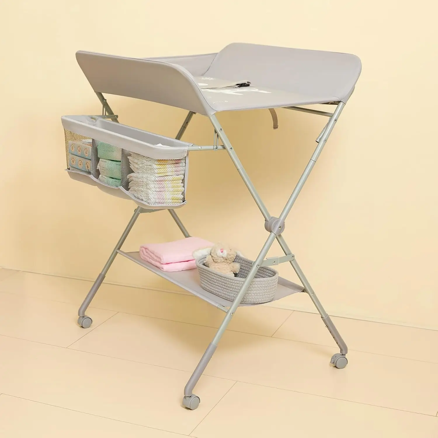 

Baby Changing Table with Wheels, Portable Diaper Changing Station with 4-Level Height Adjustment & Storage Rack for