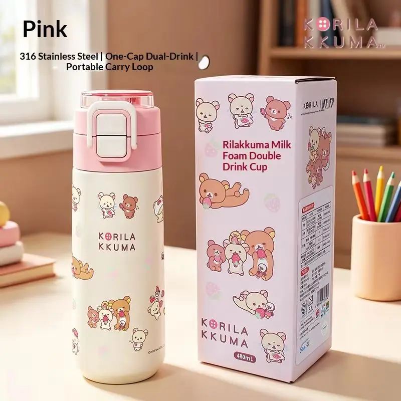 Rilakkuma New Co-branded 316 Stainless Steel Water Bottle Double Drink Cartoon Cup with Handle, Straw Mug Portable Kids Girls Tr