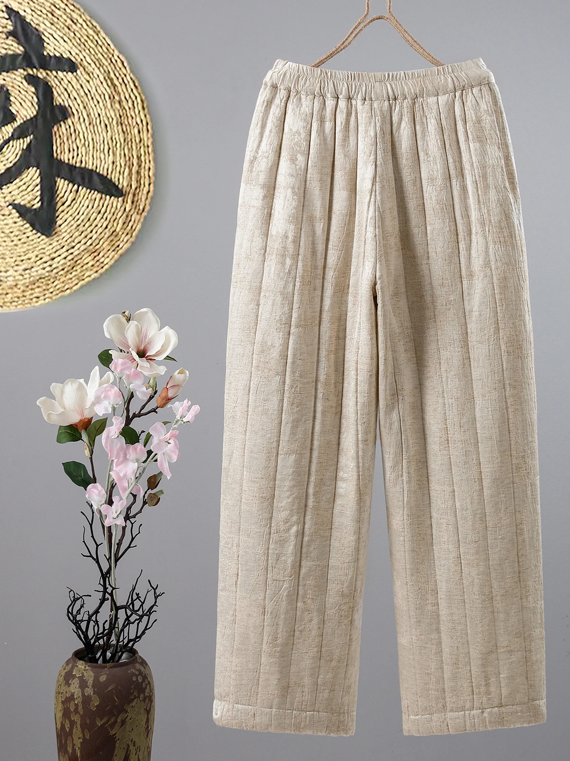 

Осенне-зимние широкие хлопковые брюки для женщин больших размеров с эластичным поясом, повседневные, утепленные флисом, с вышивкой, свободного кроя