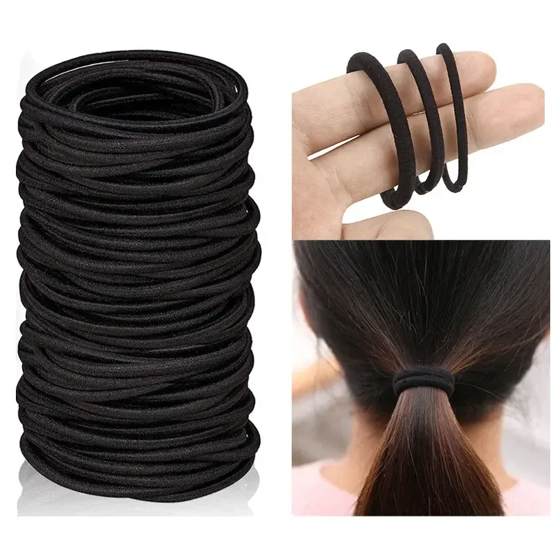 Elastic Hair Rubber Bands para Mulheres e Meninas, Hair Tie Ropes, Ponytail Titulares, Headbands, Scrunchies, Preto, 3mm,4mm,6mm, 50Pcs