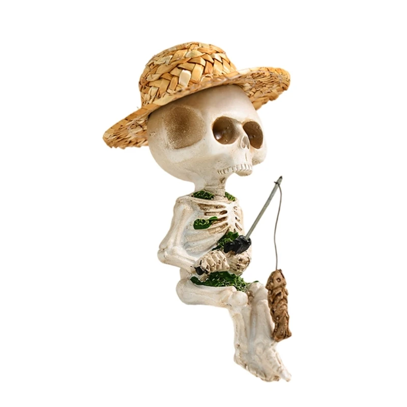 

New Halloween Skeleton Fisherman Sculpture Resins Miniature Ornament for Outdoor Garden Poolsides or Fountains Decoration