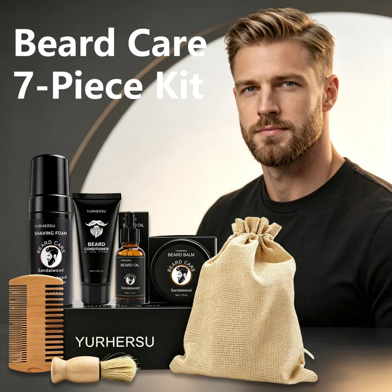Beard Care Kit – Beard Shampoo, Beard Balm, Beard Oil, Brush, Comb and Gift Bag, Daily Beard Grooming Set