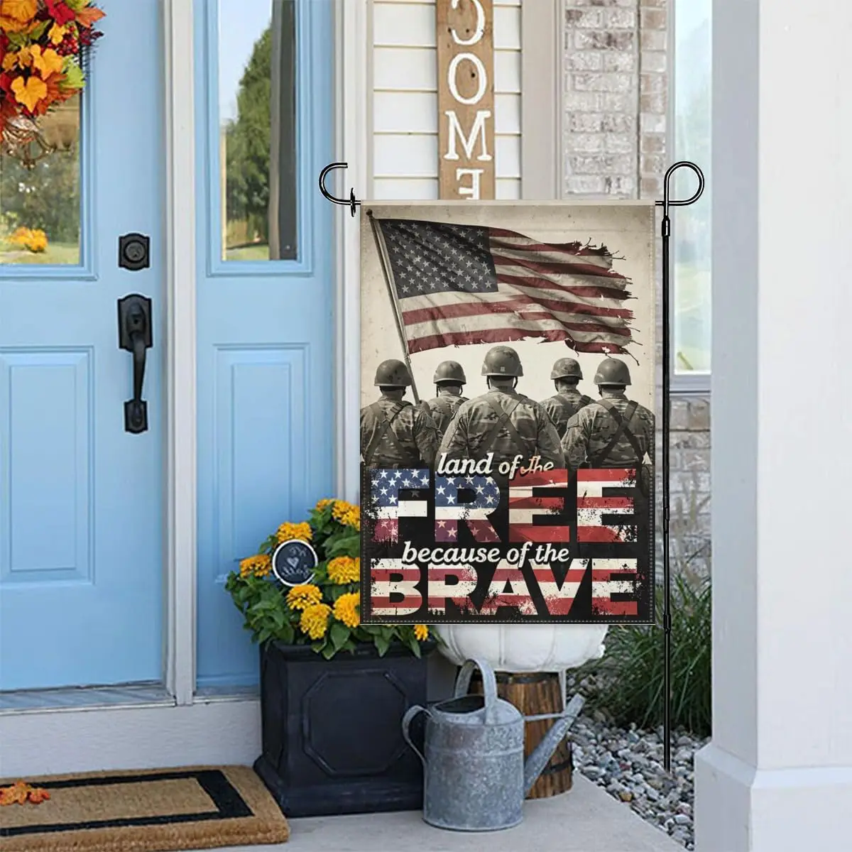 Memorial Patriotic Garden Flag 12x18 Inch Double Sided – Land of the Free Because of the Brave Vintage Military Soldiers Out kkz