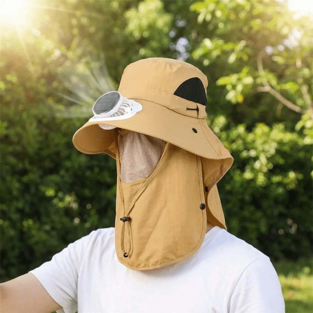 Portable Solar Rechargeable Fan Hat Adjustable with Face Cover Fishing Sun Shading Hat 1000mA Long-lasting Wide Brim Fan Hat