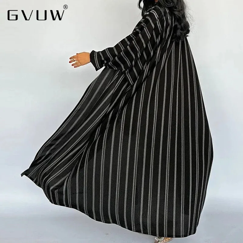 GVUW Vintage Striped Long Windbreaker Women V Neck Full Sleeve Loose Outwear New 2025 Open Stitch Female Trench Coats 17G9604