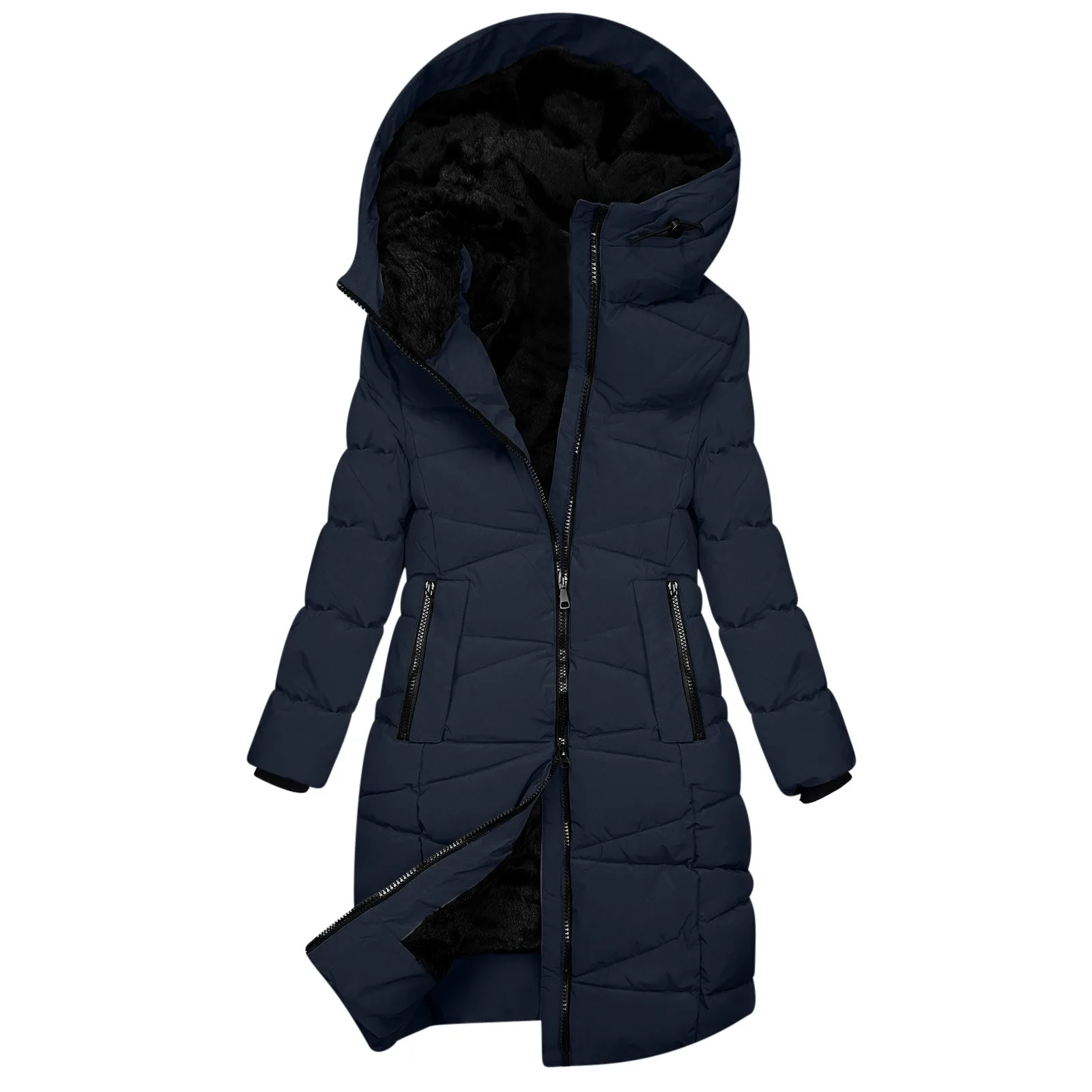 Women Overcoat Zipper Slim Parkas Cotton-Padded Jacket Winter Warm Fur Collar Waterproof Windbreaker Long-Sleeve Hooded Coats