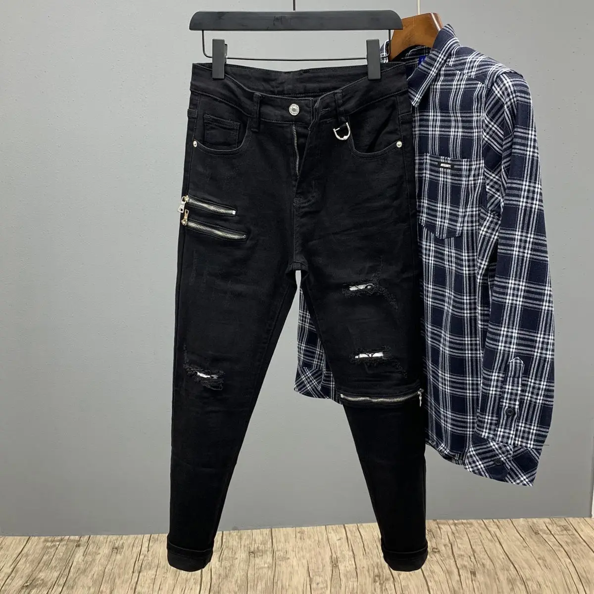 2025 New Black Luxury  Zipper Splicing Black Jeans Men's Fashion Ripped Men's Slim-fit Pants Street Wear Denim Jeans for Man