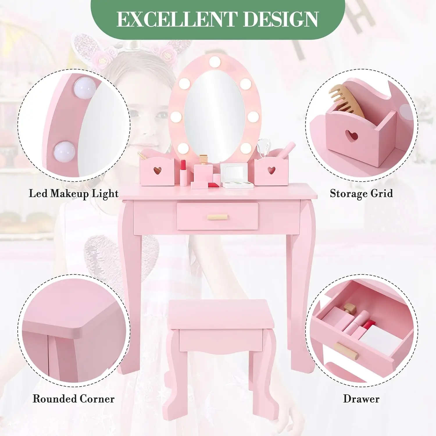 Kids Dressing Table and Stool Set with Light & Mirror, Children Vanity Table with Drawer& 2 Storage Boxes,Kids Vanity Set for 4-9 Years Old, Princess Makeup Table for Bedroom, Playroom