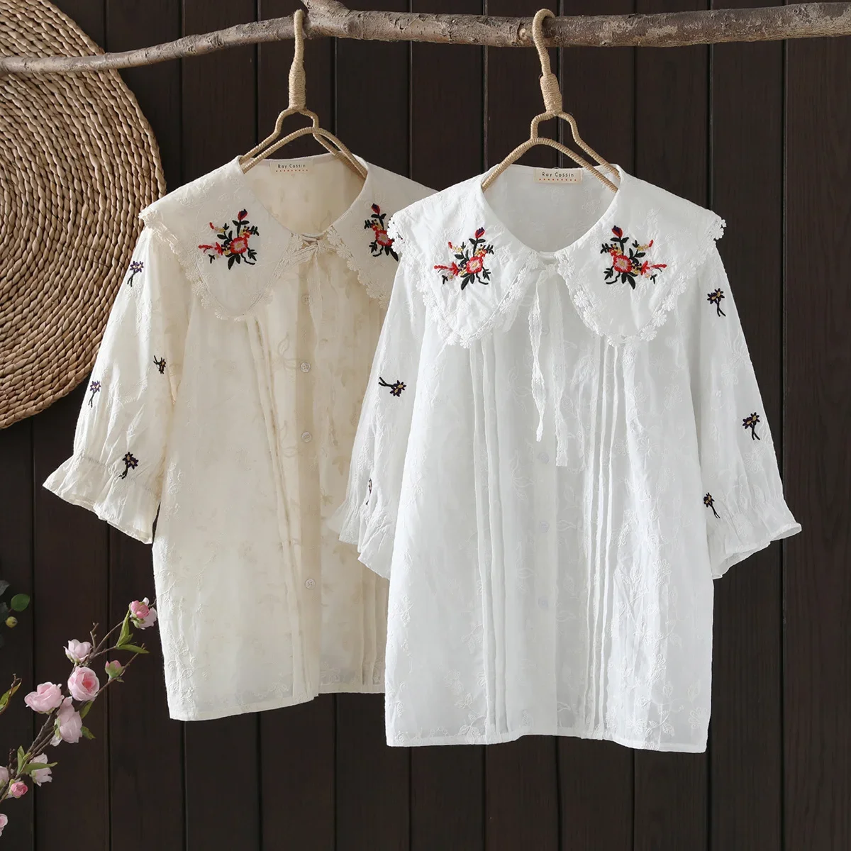 

Japanese Sweet Mori Girl Flower Embroidery 100% Cotton Shirts Women Autumn Kawaii Peter Pan Collar 3/4 Sleeve Lolita Blouse Tops