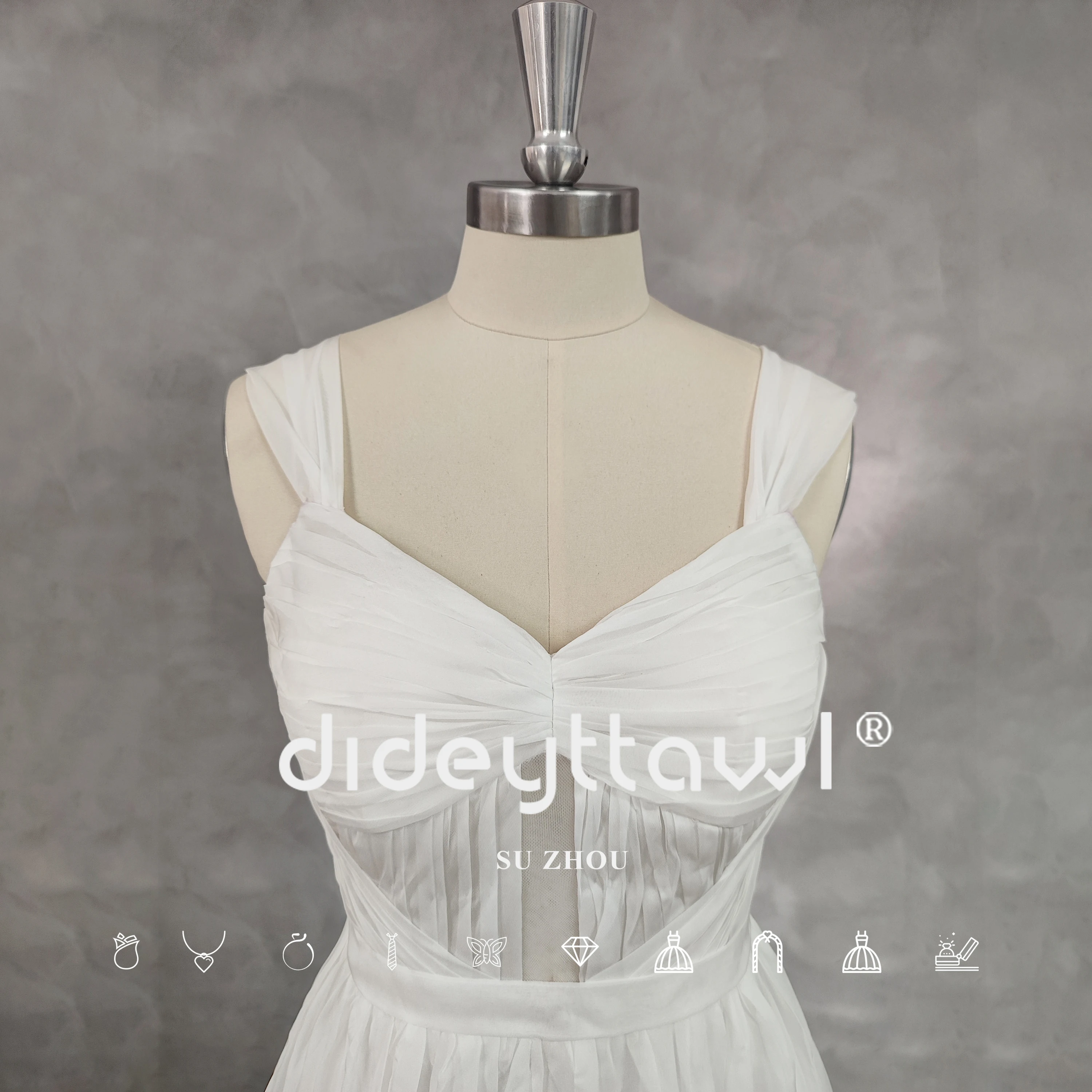 DIDEYTTAWL Real Picture V-Neck Pleats A-Line Cut Out Chiffon Wedding Dress Open Back Court Train Bridal Gown Custom Made