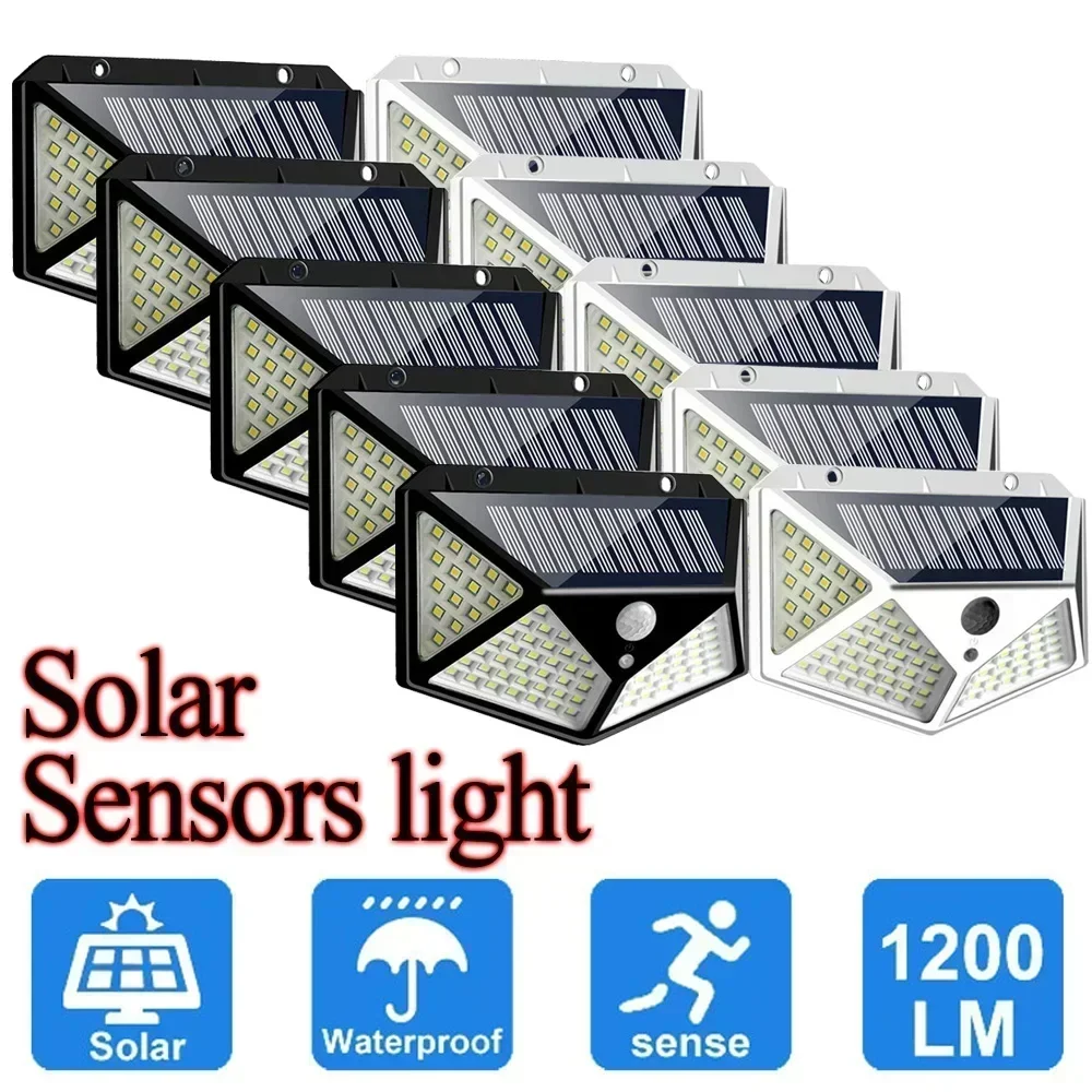 Sensor de movimento Solar Powered Wall Lights, Lâmpada exterior impermeável, Sunlight Street Light, Jardim Luz, 100 LED