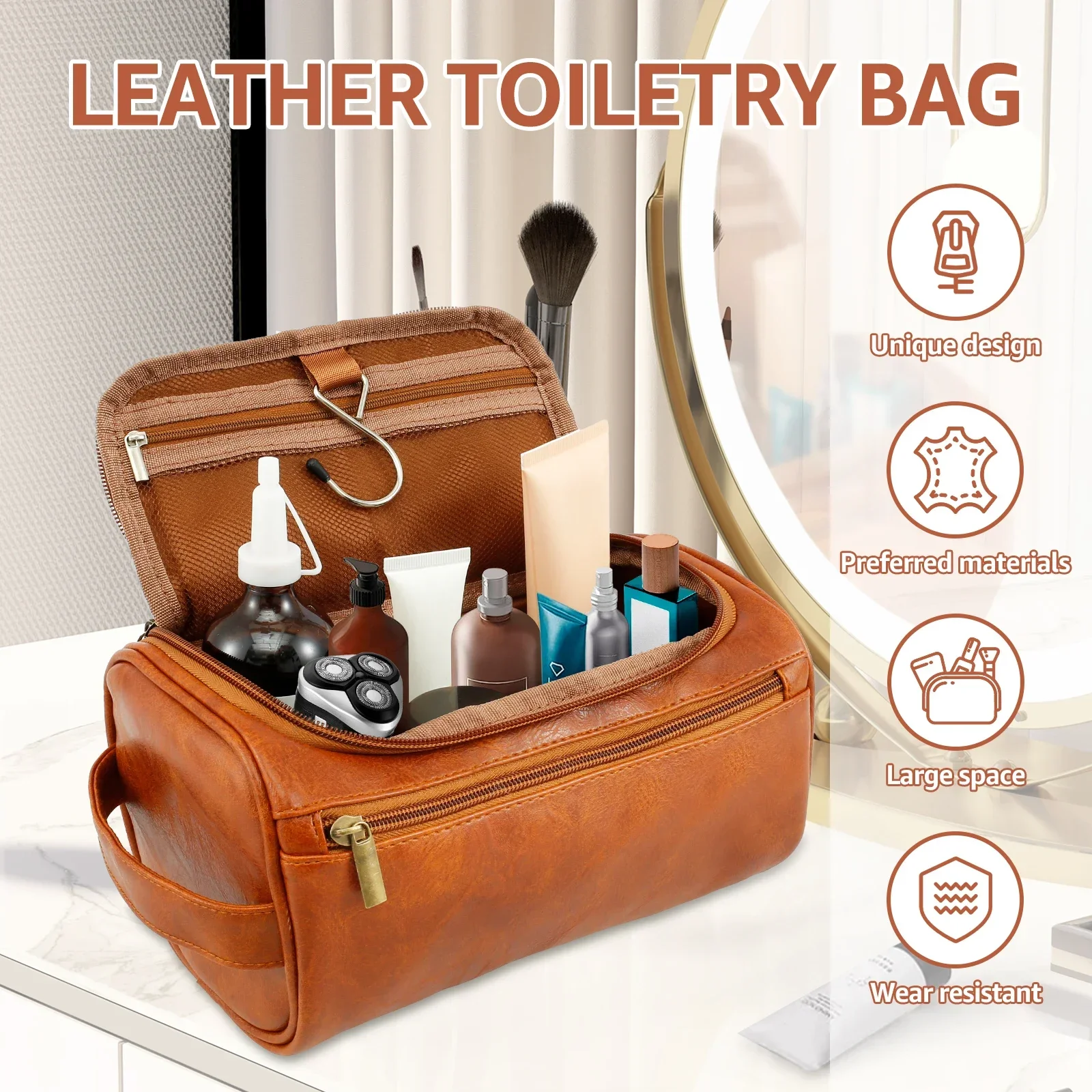 Men Business Toiletry Bag Leather Portable Toiletries Storage Bag Large Capacity Hanging Travel Waterproof Shaving Cosmetic Bag