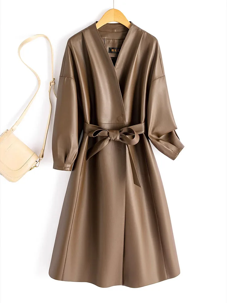 2025 Wiosenny i jesienny skórzany płaszcz z paskiem Średnio długi styl wiatrówki Temperament Moda dojeżdżająca do pracy Płaszcz z dekoltem w szpic