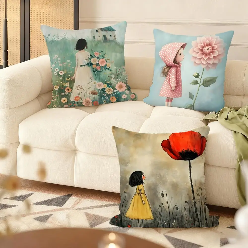 The girl is holding flowers Cushion Cover Soft Plush Double-Sided Printed Sofa Pillow Cushion Cover | Cozy All-Season Decor Gift