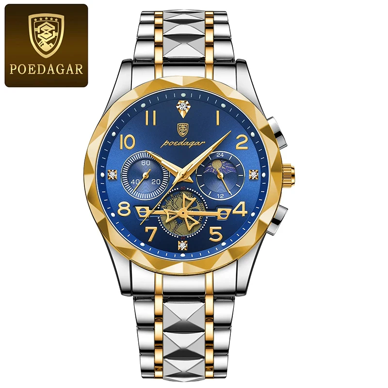 New Super Luxury Gold Watch Men Sport Brand Creative Stop-Watch Waterproof Male Clock Quartz Moon Phase Luminous Man Watch Reloj