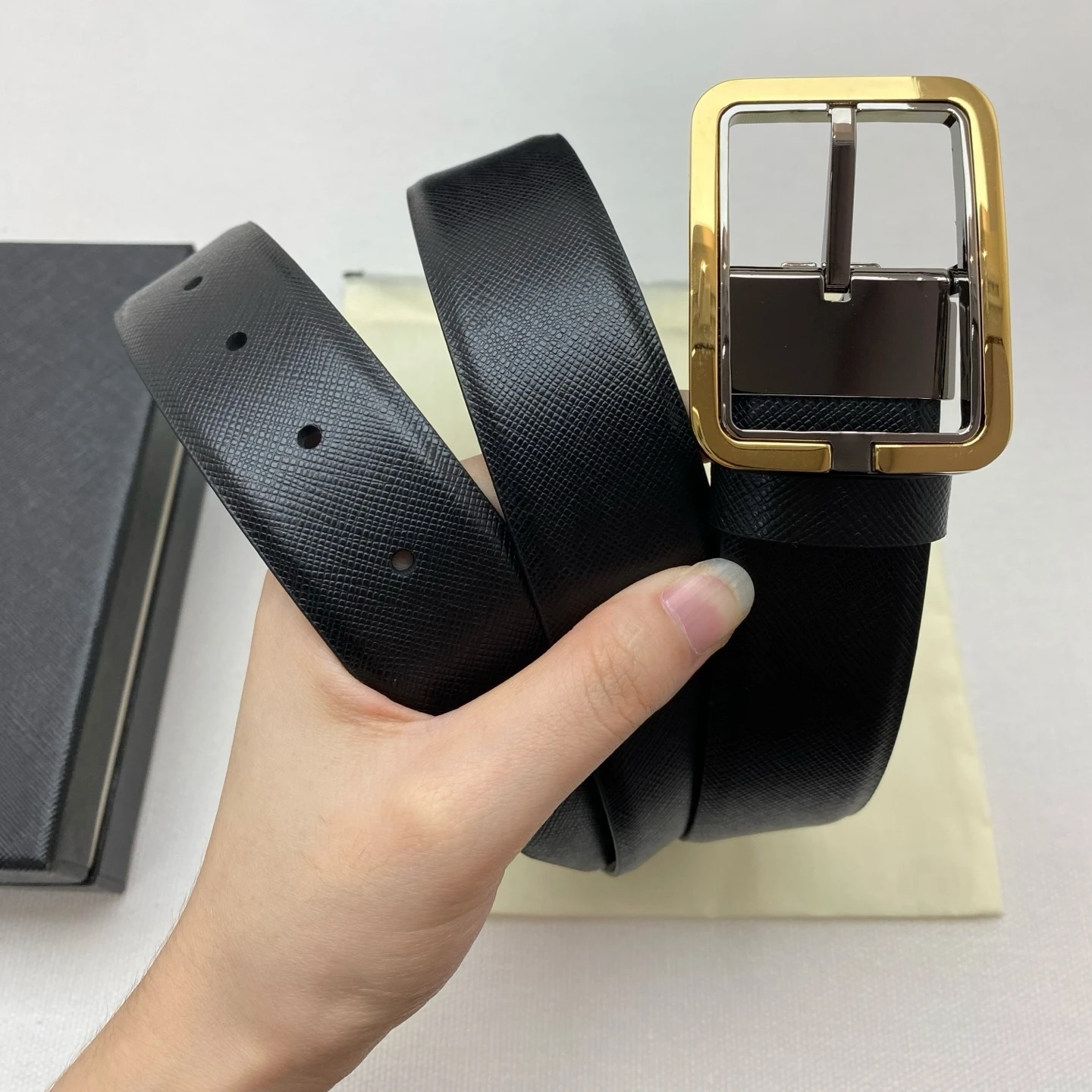 Gift Luxury Brand Men's Reversible Leather Belt Rotatable Pin Buckle Cross Grain Cowhide Business Formal 35mm Casual Waist Strap