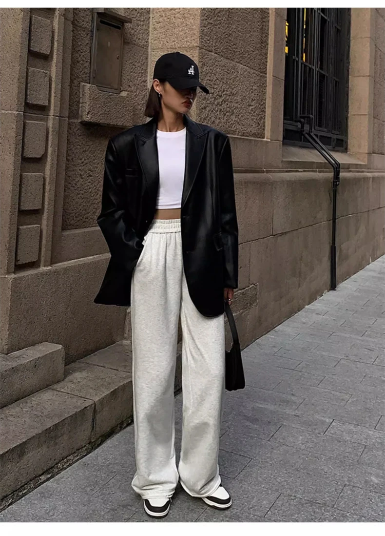Lautaro Autumn Black Brown Soft  Pu Leather Blazer Women Shoulder Pads Long Sleeve Single Breasted Loose Casual Korean Fashion