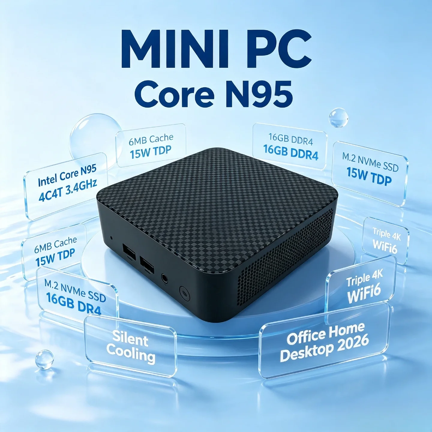 인텔 코어 N95 미니 PC 4코어 4스레드 3.4GHz 6MB 15W 16GB DDR4 M.2 NVMe SSD WiFi6 저소음 쿨링 트리플 4K 오피스/홈 데스크탑 2026