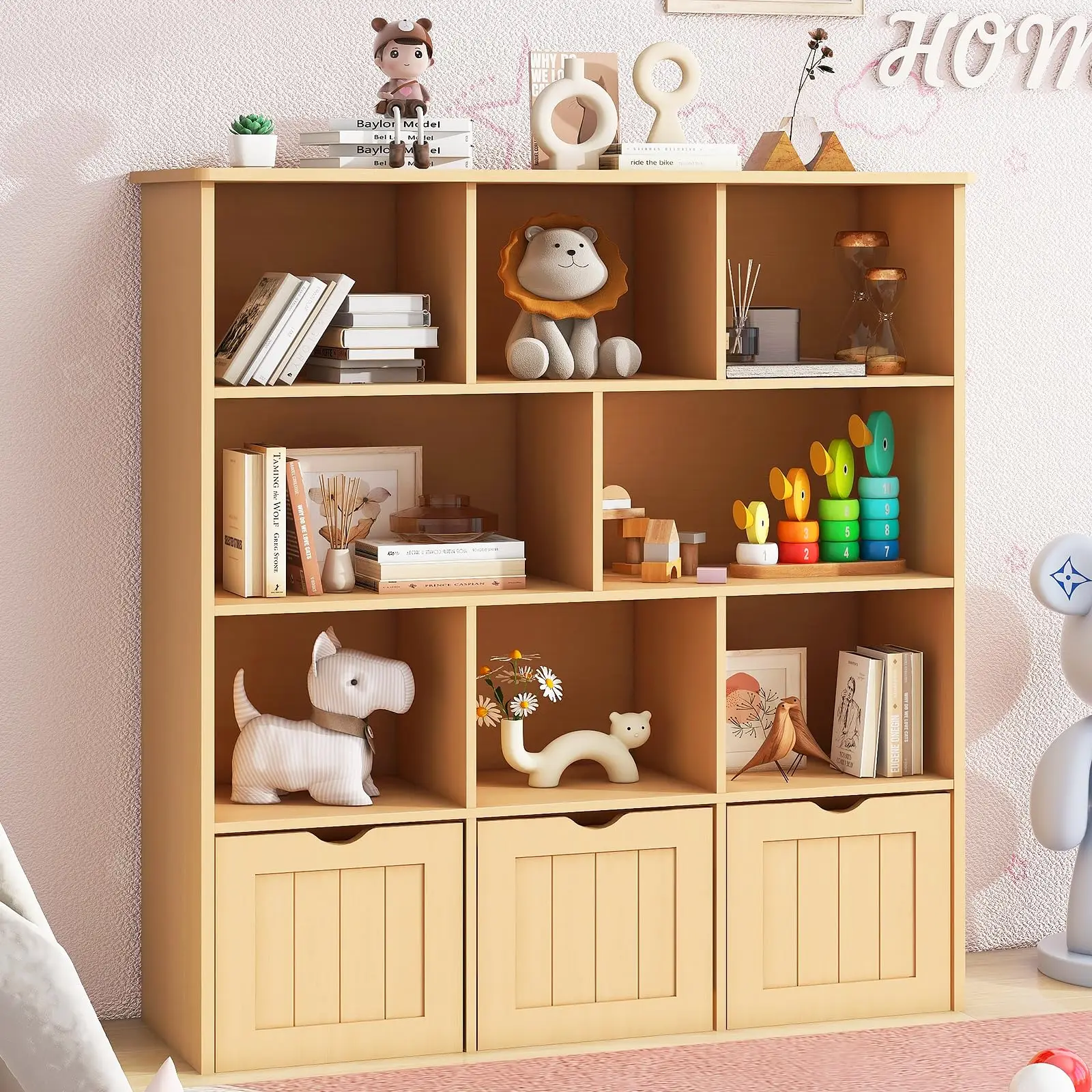 Vabches kids Bookcase Wooden Toy Storage Organizer Children's Bookshelf with 3 Drawer on Wheels&8 Open Storage Cubbies Kids Room