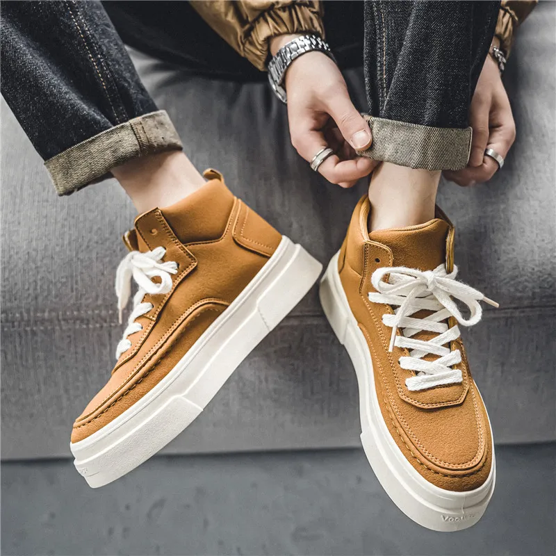 Hot Sale Khaki Men\'s Vulcanize Shoes Breathable Men High Top Skateboarding Shoes Platform Casual Canvas Sneakers Men Espadrilles