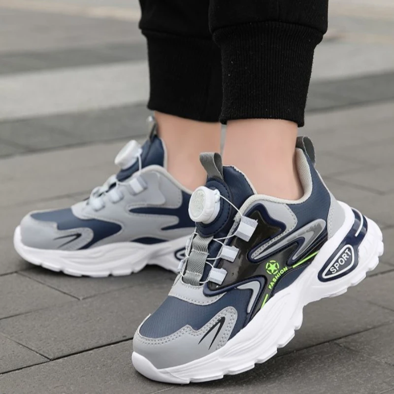Boys Running Shoes Kids Breathable Sneakers Double Mesh Leather Upper Rotating Buckle Non Slip Anti Odor for School Gym Sports​